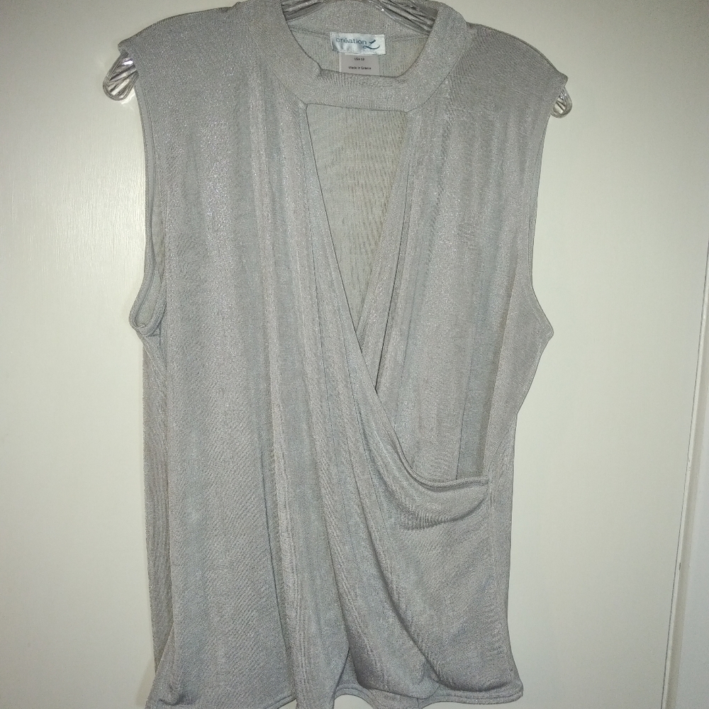 Shimmery silver sleeveless wrap top, size 12